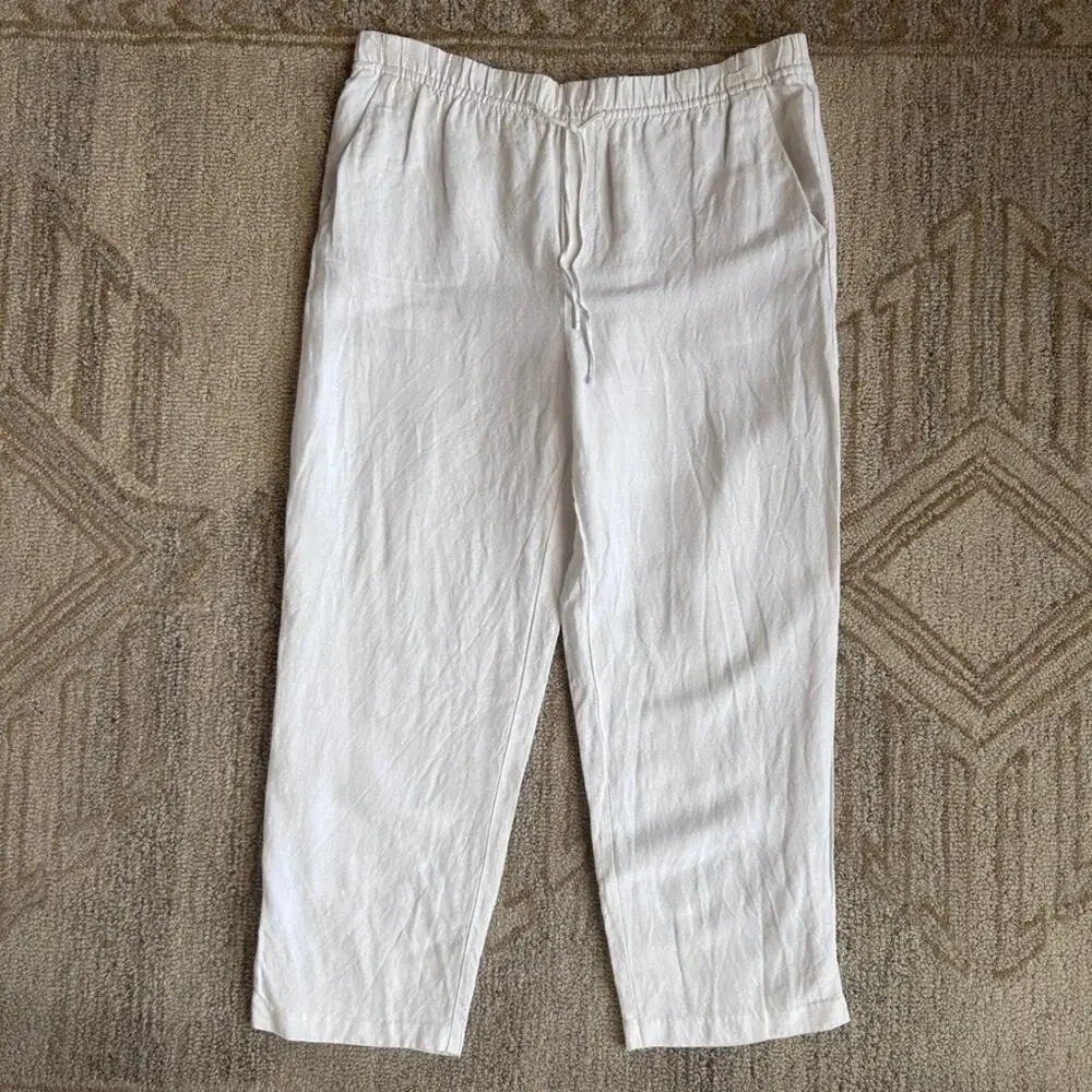 Wide Leg Pull On Tie Waste Linen Pants Pockets Lightweight Capsule White Women M